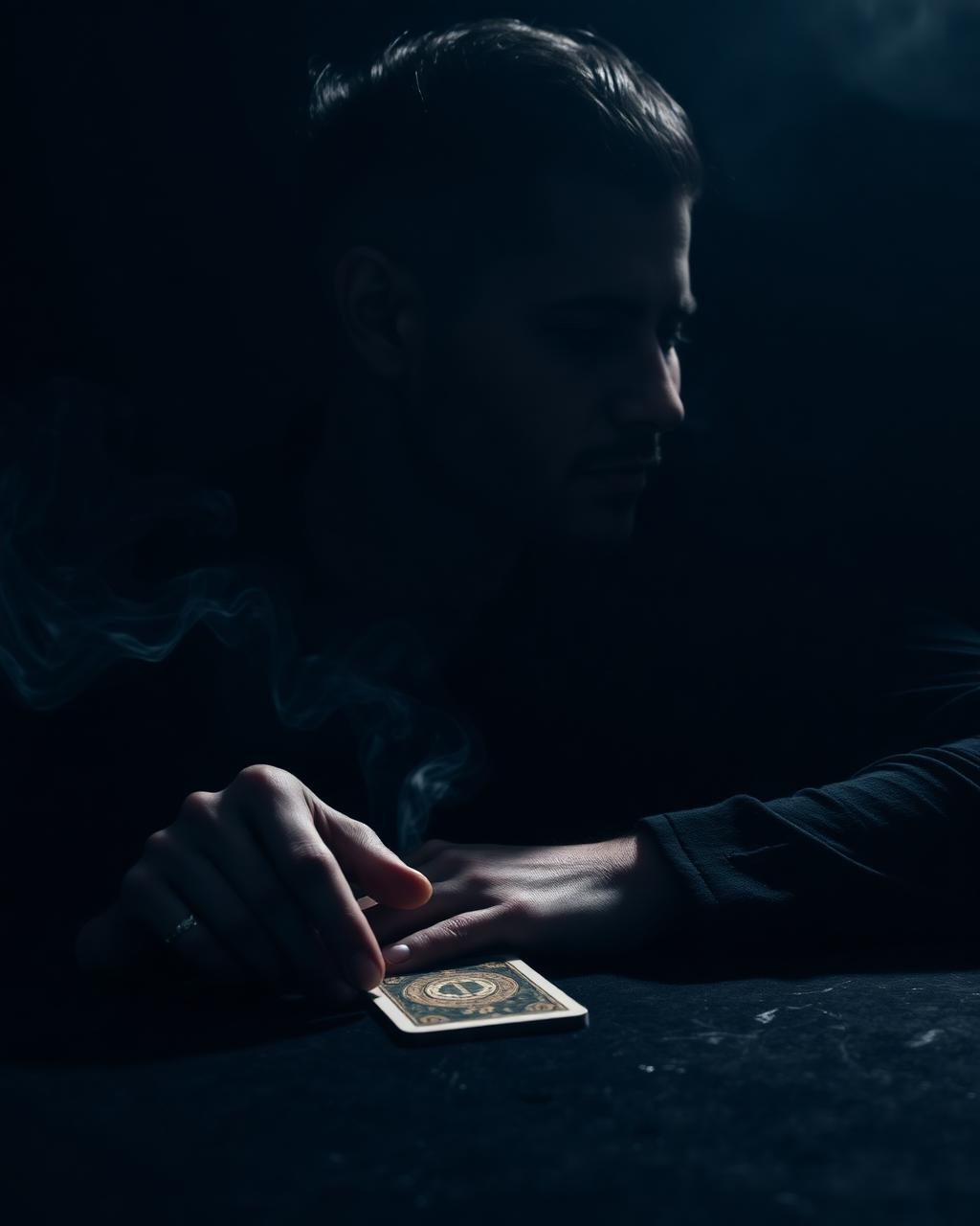 Retrato del lector, en sombra, con una sola carta del tarot